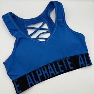 ALPHALETE Sports Bra Blue Black Size‎ S Criss Cross Back Activewear Athletic Top